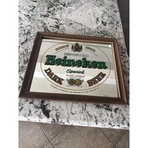 VINTAGE HEINEKEN IMPORTED DARK BEER WOOD FRAMED MIRROR SIGN -14 x 17"